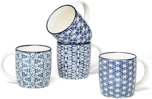 4er Set 12 Unzen Kaffeetassen mit blauen und weißen geometrischen Mustern, Keramik Tee  - Bild 1 von 12