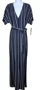 Gianni Bini Jumpsuit Damen Gr. 8 marine weiß gestreift Hosenanzug Strampler V-Ausschnitt Gürtel - Bild 1 von 11