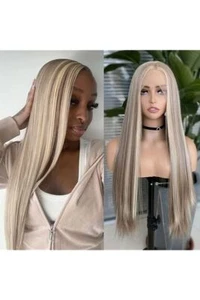 Long Straight Wig Mixed Brown Blonde Ombre Lace Front Wigs Synthetic Glueless - Picture 1 of 14