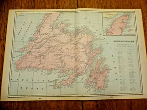 1903 Cram's Atlas Map 2 Page New Foundland, Nice Color,Suitable To Frame 14"X21" - Picture 1 of 4