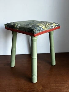 Vintage Painted Wooden Green Stool Upholstered Farmhouse In Printed 60s fabric - Picture 1 of 14