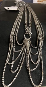 Collana Multi Catena Strass Tono Argento Dichiarazione Gioielli 22” Pollici NUOVA - Foto 1 di 6