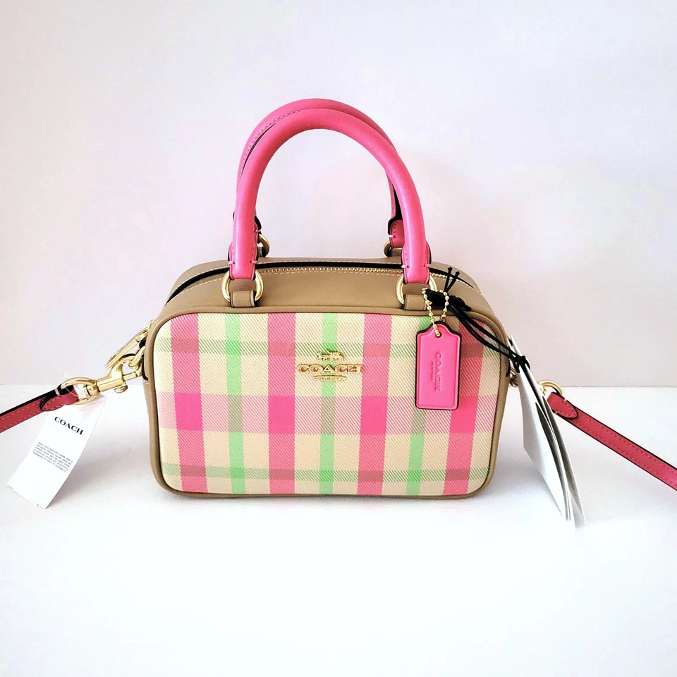 Bolso de mano Coach CBI90 bandolera de lona a cuadros de cuero pequeño rosa multi Foto 1 de 4