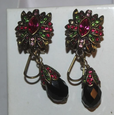 Heidi Daus  Signed Earrings pierced Red Green  Dangle  Flowers - Image 1 of 3