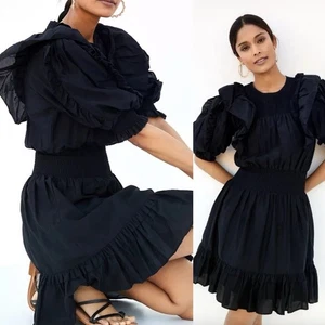 Magali Pascal Anthropologie Silk Blend Petal Puff Sleeve Black Dress Size S - Picture 1 of 13