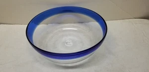 MEXICO HAND BLOWN COBALT BLUE RIM MIXING SERVING GLASS BOWL 10 1/4" - Picture 1 of 4