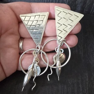 Sandy Comstock Sterling Silver Retro Abstract Dangle Earrings 3 1/4" 80s 90s - Picture 1 of 5