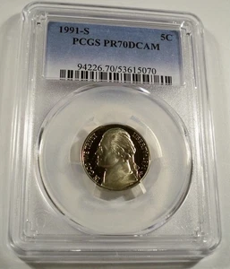 Jefferson 1991-S 5c PCGS PR70DCAM CAMAFEO PROFUNDO A PRUEBA DE NÍQUEL PR 70 DC - Imagen 1 de 4