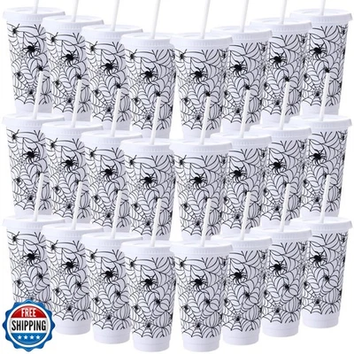 Funnymoom 24 Piezas Tazas de Halloween con Tapas y Pajitas Telaraña Halloween Plas Foto 1 de 4