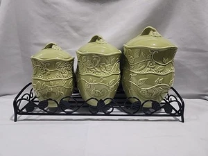 Cracker Barrel Apple Collection Susan Winget Green Canisters set with Rack - Picture 1 of 9