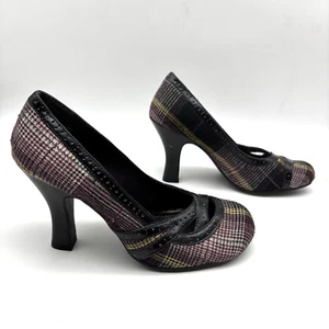 Vintage 00s Y2K BONGO Purple Plaid Faux Leather Trim Close Round Toe Pumps 9 - Picture 1 of 16