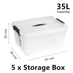 5x Clip Lock Storage Box Organiser 35L Plastic Container Bin Tub Crate Medium - Picture 1 of 4
