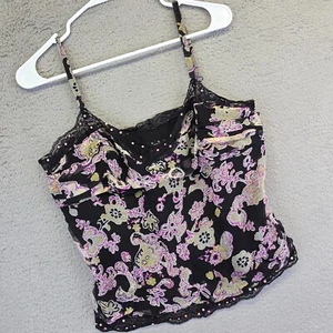 ECI Babydoll Top Women L Black Cropped Floral Lace Trim Sequins Silk Chiffon Y2K - Picture 1 of 13