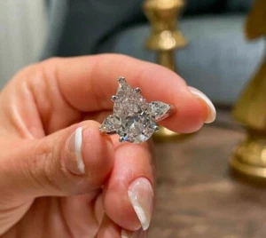 4Ct Simulated Pear Cut Three-Stone Engagement Ring Solid 14K White Gold Finish - Picture 1 of 5