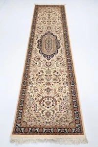 10 ft beige geometric Hallway Runner Rug Afghan Hand Knotted Wool Bedroom Rug - Picture 1 of 9