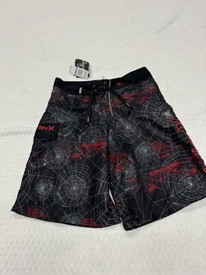 Hurley Youth Size 18 Black and Red Board Shorts Spider Web Design - Image 1 of 4