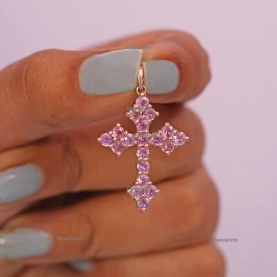 Pink Sapphire Cross Religious Pendant In 14k Yellow Gold Minimalist Fine Jewelry - Image 1 of 4