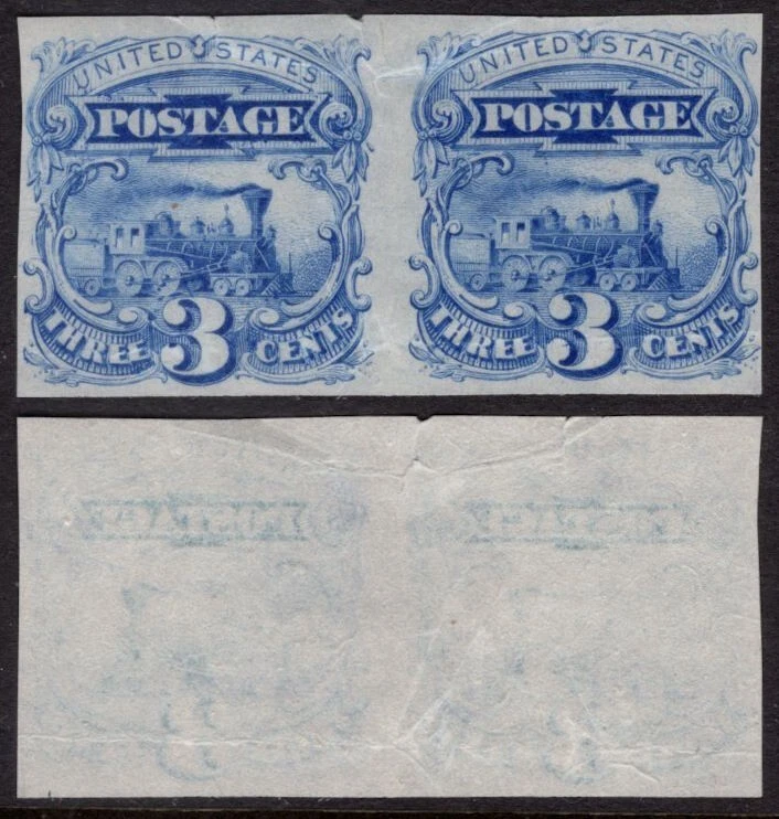 US 1869 3c LOCOMOTIVE PLATE PROOF PAIR on INDIA SCOTT 114 P3 Free USA Ship - Image 1 of 1