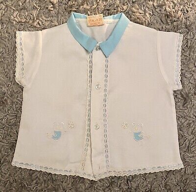 VINTAGE Anni 1960 Stevex Bianco E Blu Baby Top Shirt • 10.38€