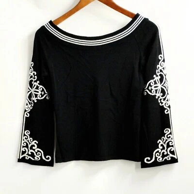 Suéter Bette Paige Talla Mediana Negro Manga Campana Seda Blanco Rayas Desplazamiento   Foto 1 de 4