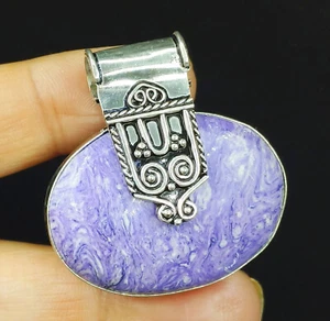 Ciondolo pietra preziosa ovale caroite naturale in argento sterling 925 - Foto 1 di 5