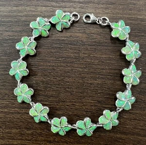 Sterling Silver Green Opal Hawaii Plumeria Flower Bracelet, 7” - Picture 1 of 3