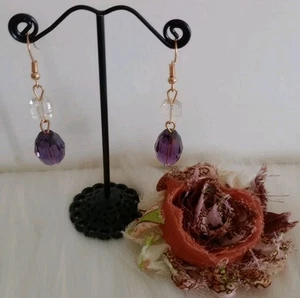 Women's Purple & Clear Beaded Dangle Earrings  2" Drop Boho Fashion Jewelry NIP - Picture 1 of 4