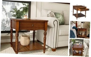 with Drawer and Storage Shelf, Solid Wood Sofa Side Table, Slim Large End Table - Picture 1 of 8
