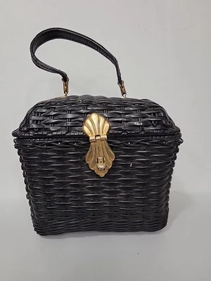 Vintage 1950s Wicker Box Purse – Black Handwoven Basket Handbag with Gold Shell  - Image 1 of 4