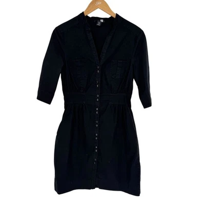 H&M Womens Button Front Shirt Dress Size 8 Stretch Military Pocket Stretch Black - Image 1 of 4