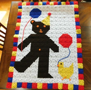 Bear Baby Blanket 3D Afghan Crocheted Handmade Blanket 52" x 38" Balloon Party - Picture 1 of 12