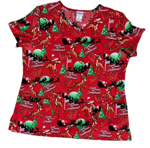 Scrub Top Rudolph Christmas Reindeer Red Top Size L For Medical Nurse Vet Dental - Picture 1 of 4