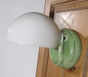 Porcelain Jade Green Wall Mount Sconce Light Fixture Milk Glass Shade Vtg Bath - Picture 1 of 17