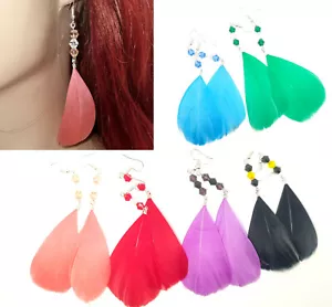 Trendy Natural Feather Colour Earrings Long Dangle Bohemian Beads UK Seller Gift - Picture 1 of 8