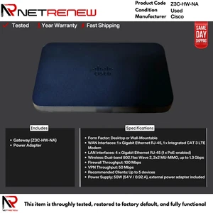 Cisco Meraki Z3C-HW-NA Cloud-Managed Teleworker Gateway w/Adapter *Grade A* - Afbeelding 1 van 1