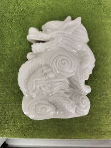 Vintage Ceramic Chinese Dragon Off White Glaze 8" Hollow Porcelain 