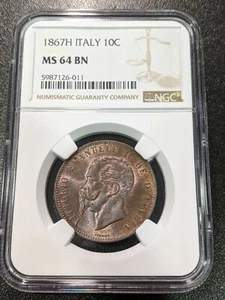 1867 H MS64 BN Italy 10 Centesimi NGC KM 11.3 Scarce Condition Heaton Mint - Picture 1 of 2
