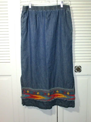 Vtg. 90's Original TY Wear Blue Denim Southwestern/Aztec Maxi Skirt 10 - Image 1 of 4
