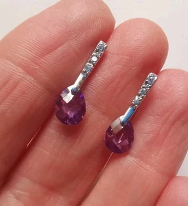 Sterling Silver Purple And Clear Glass Dangle Earrings *No Backs* R8M - Picture 1 of 2