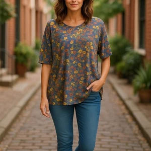 Top donna LuLaRoe taglia grande verde blu oro Irma tunica camicia floreale ciao basso NUOVO - Foto 1 di 7
