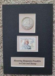 MATTED 5X7 BENJAMIN FRANKLIN  1951 HALF DOLLAR 90% SILVER &1993 US POSTAGE STAMP - Picture 1 of 3