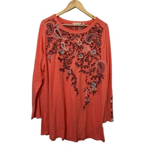 Soft Surroundings Faye Embroidered Beaded Tunic Top Size XL Coral Boho Paisley - Picture 1 of 9