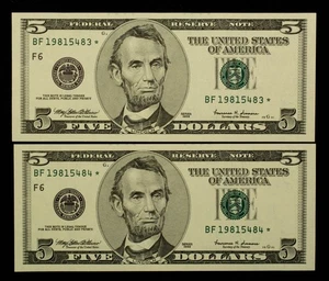 FR 1987-F* $5 1999 FR Notes US - 2 Consecutive Star Notes - UNC - SKU-CA1911 - Picture 1 of 2