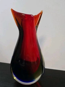Oball Murano Art Glass Vase Signed Red Blue Fish Tail 8" - Picture 1 of 8