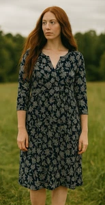 J JILL dress knee length 3/4 sleeve floral knit stretch casual v neck blue LARGE - Picture 1 of 8