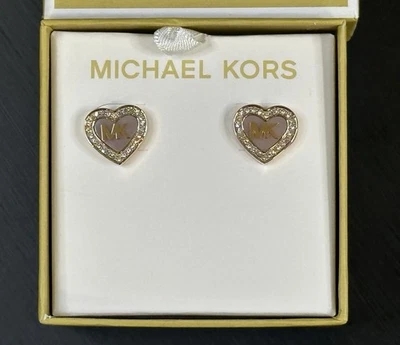 MICHAEL KORS Heart Shaped Rose Gold Plated MK Logo Pavé Crystals Stud Earrings - Image 1 of 3