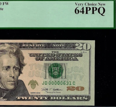 2009 $20 Federal Reserve Note PCGS 64PPQ birthday low serial number 00000631 - Image 1 of 3
