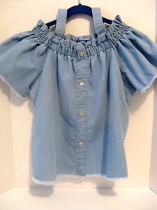 Hudson Jean Top Drop Cold Shoulders Elastic Gathered Girls Sz XL 16 Sky Blue EUC - Picture 1 of 4