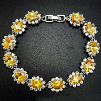 Preciosas pulseras brillantes brillantes amarillas citrino gemas plateadas para mujer con dije de flores Foto 1 de 4