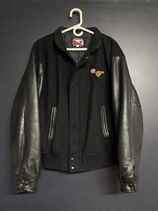 MEN'S VINTAGE 1990s WOOL & LEATHER JACKET! ESSO TIGER LOGO! QUILTED LINING! - Picture 1 of 6